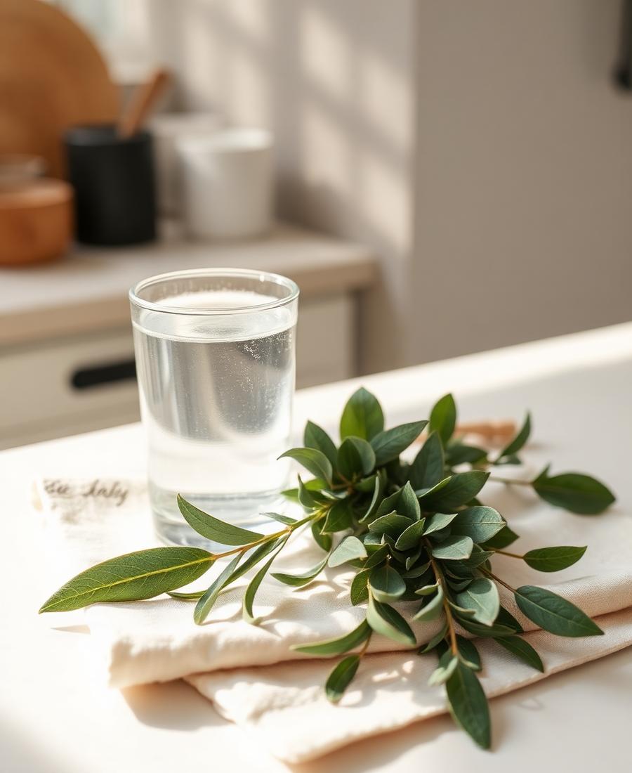 A glass of water with fresh botanical leaves on a linen cloth — part of a calm morning routine