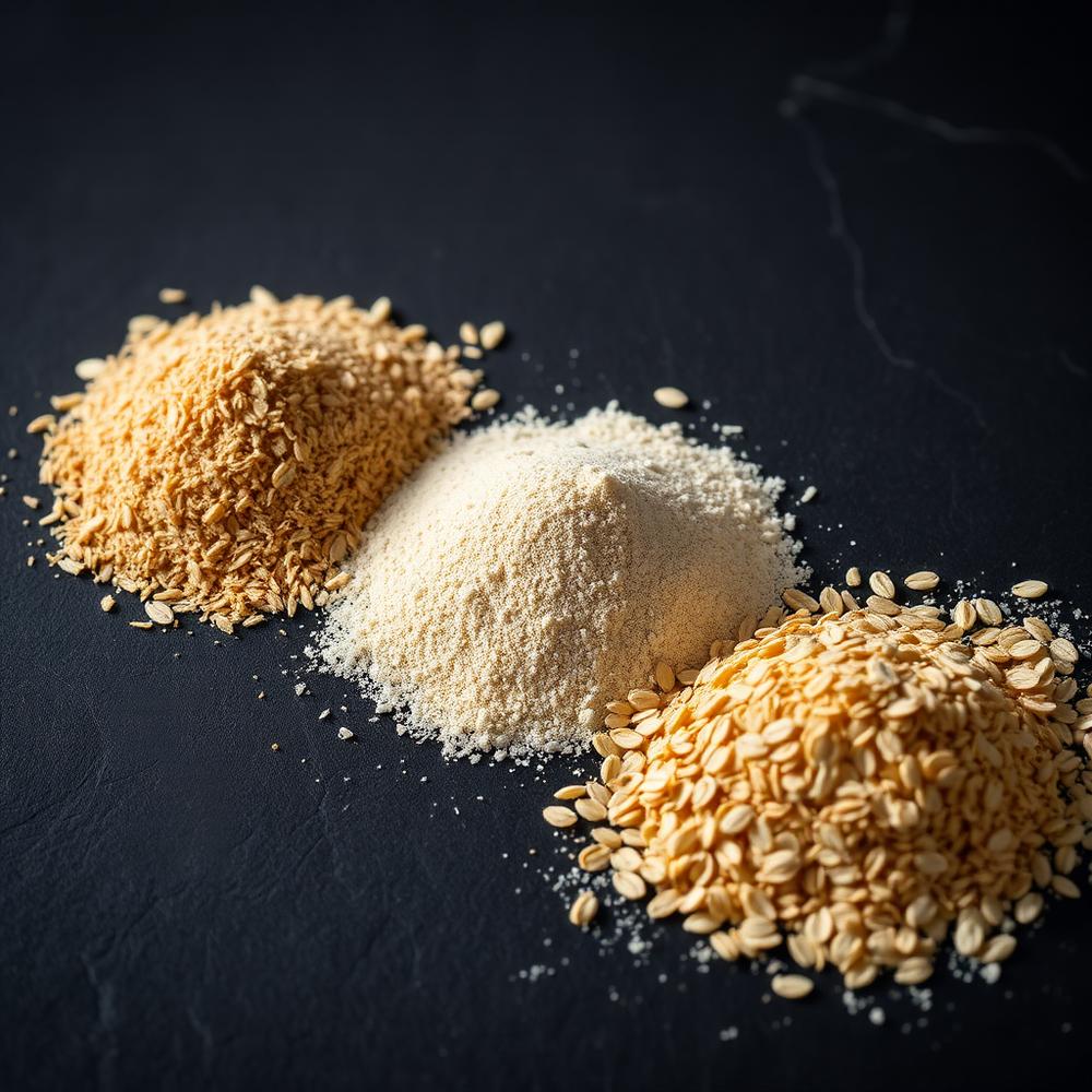 Psyllium husk, oat bran and flax seed powders arranged on a dark surface